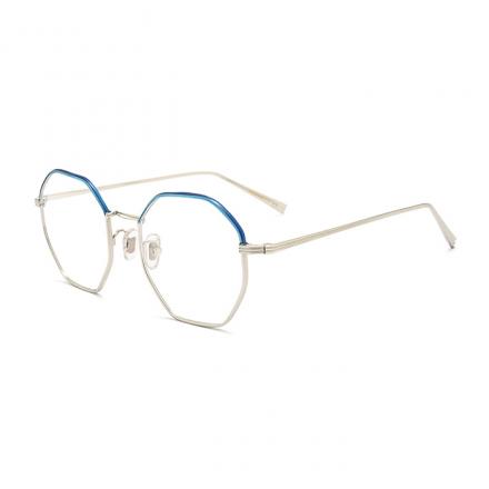 欧杰欧OJO 新款纯钛多边形眼镜 男女同款不规则六边形时尚眼镜架钛架 银框蓝眉