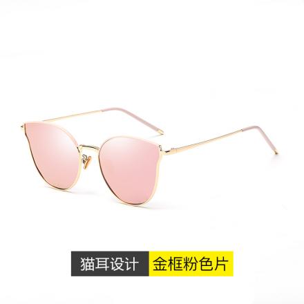 欧杰欧OJO 新款偏光网红墨镜女  个性韩版猫耳朵复古气质太阳镜 金框粉色片